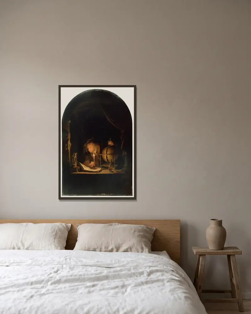 Astronom bei Kerzenlicht von Gerrit Dou gerahmt an einer Wand