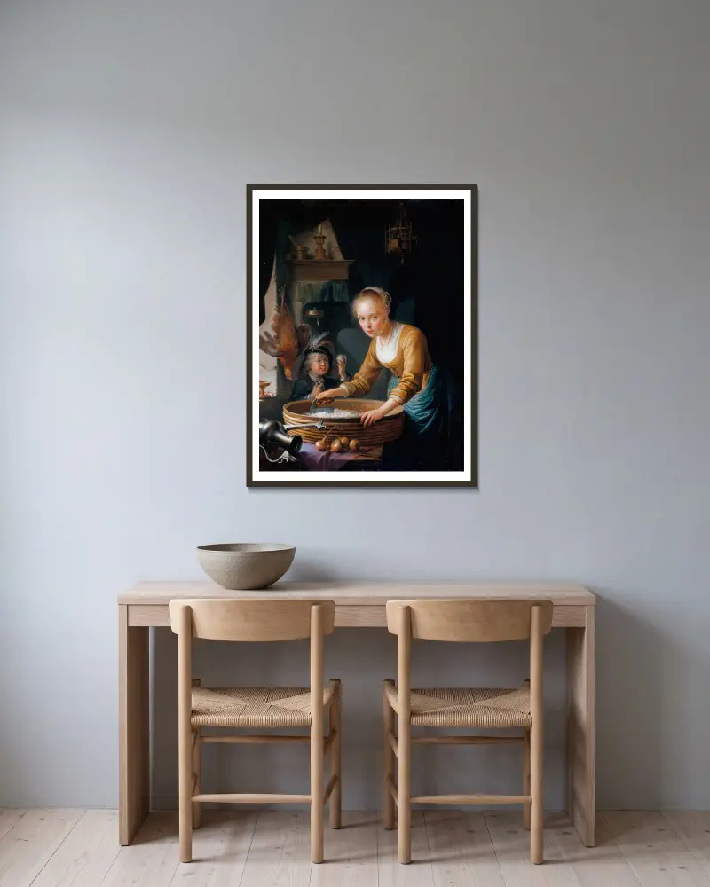 Girl Chopping Onions av Gerrit Dou inramad på en vägg
