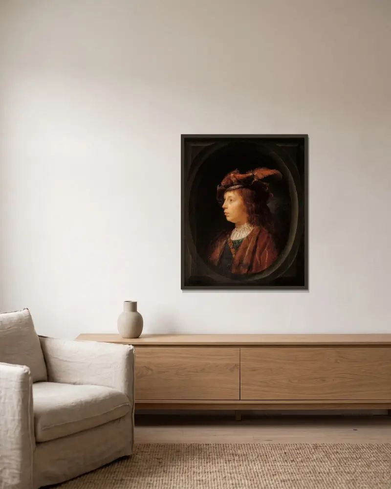 Ung mans huvud av Gerrit Dou inramad på en vägg
