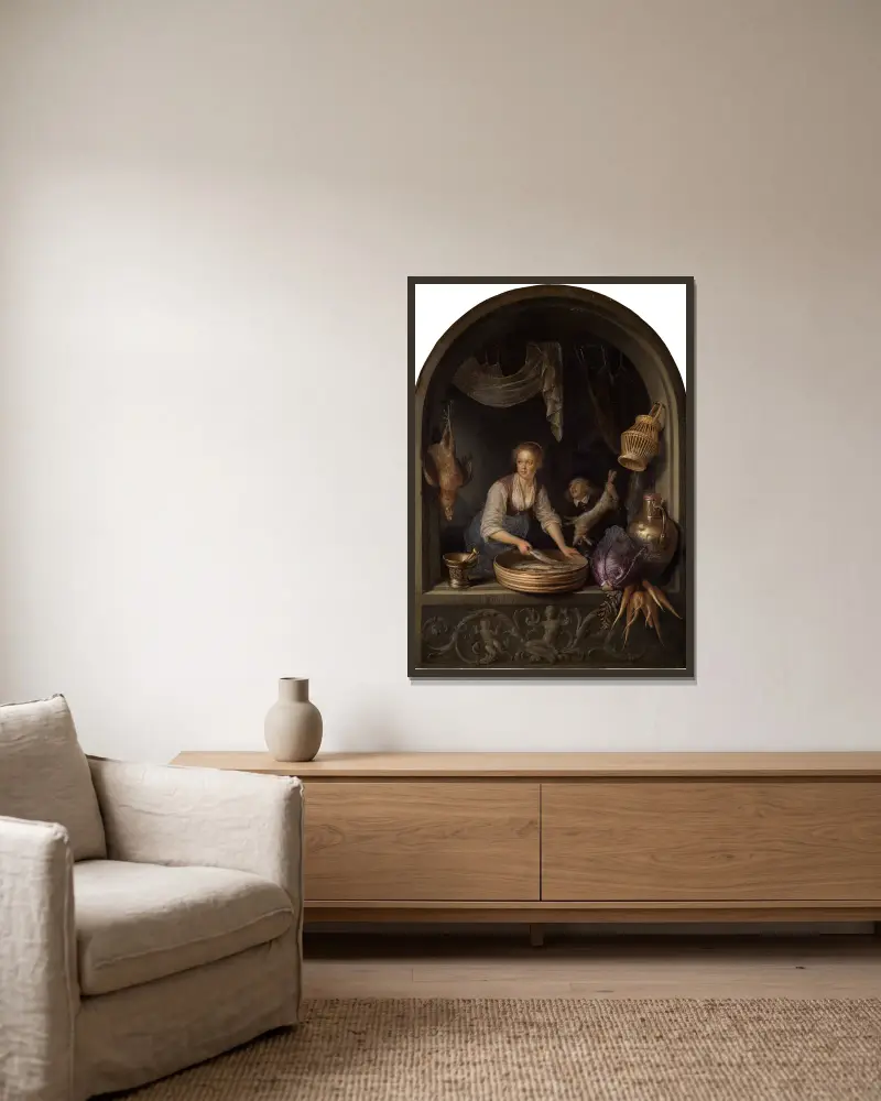 Kuchyňská služka u okna, Gerrit Dou v rámu na stěně