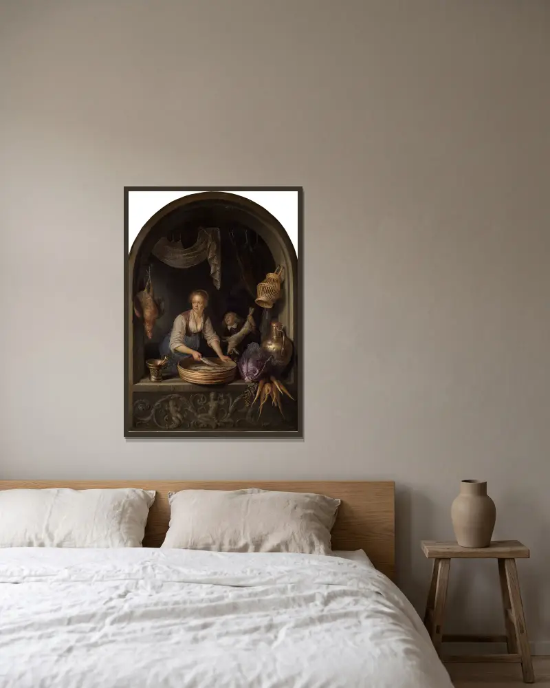 Kuchyňská služka u okna, Gerrit Dou v rámu na stěně