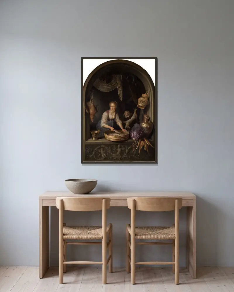 Kuchyňská služka u okna, Gerrit Dou v rámu na stěně