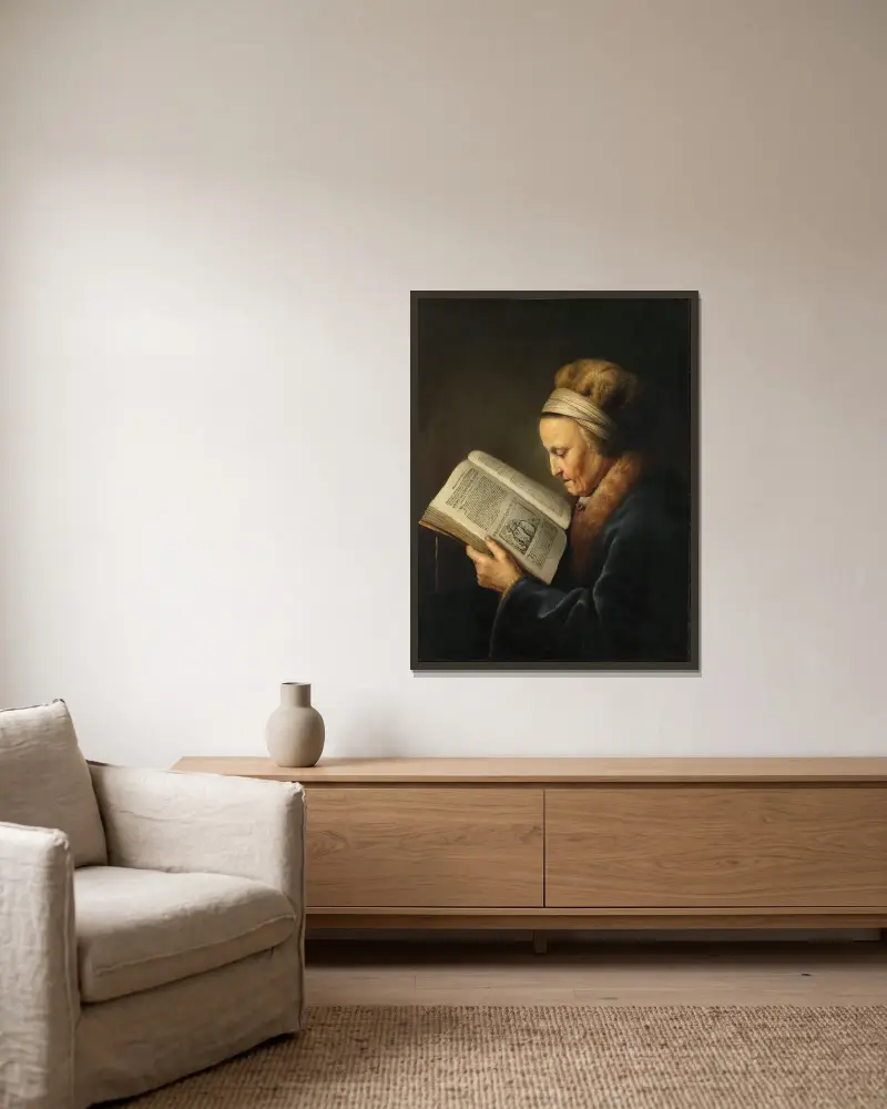 Alte Frau beim Lesen von Gerrit Dou gerahmt an einer Wand
