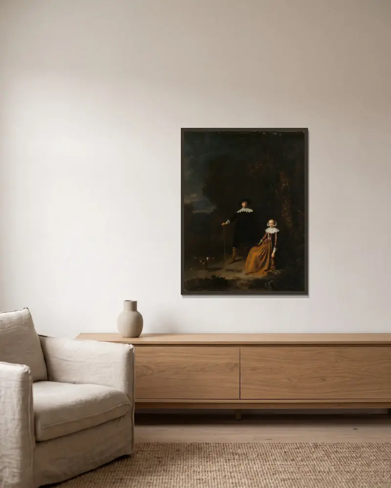 Porträtt av ett par i ett landskap av Gerrit Dou inramad på en vägg