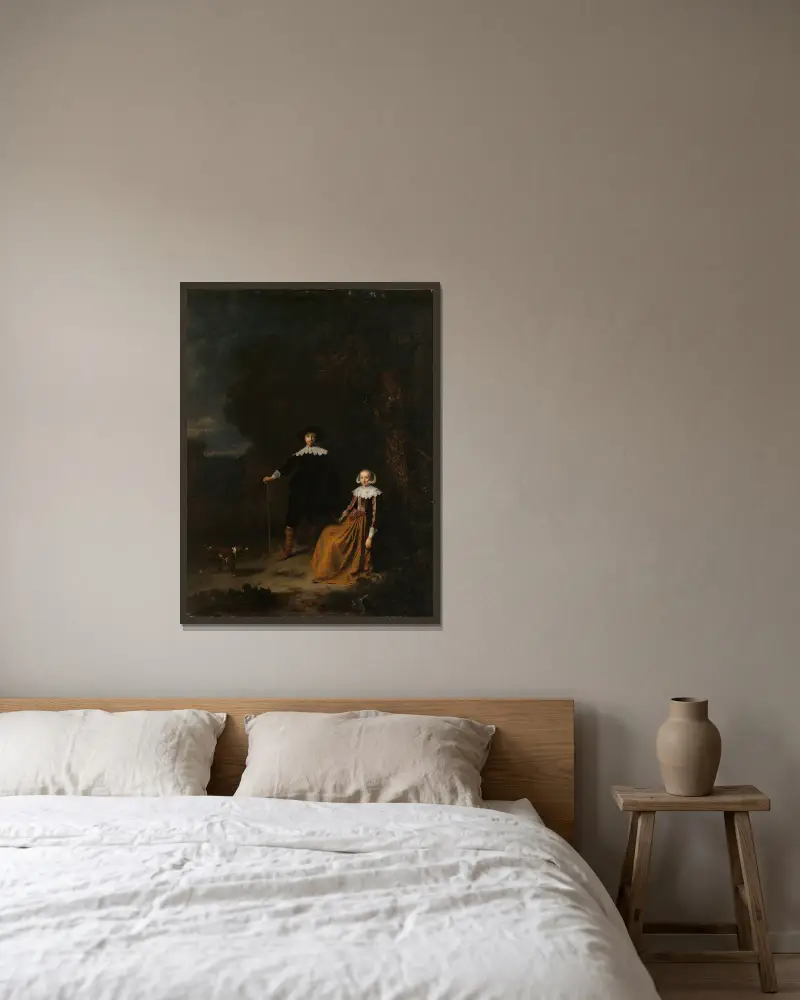 Porträtt av ett par i ett landskap av Gerrit Dou inramad på en vägg