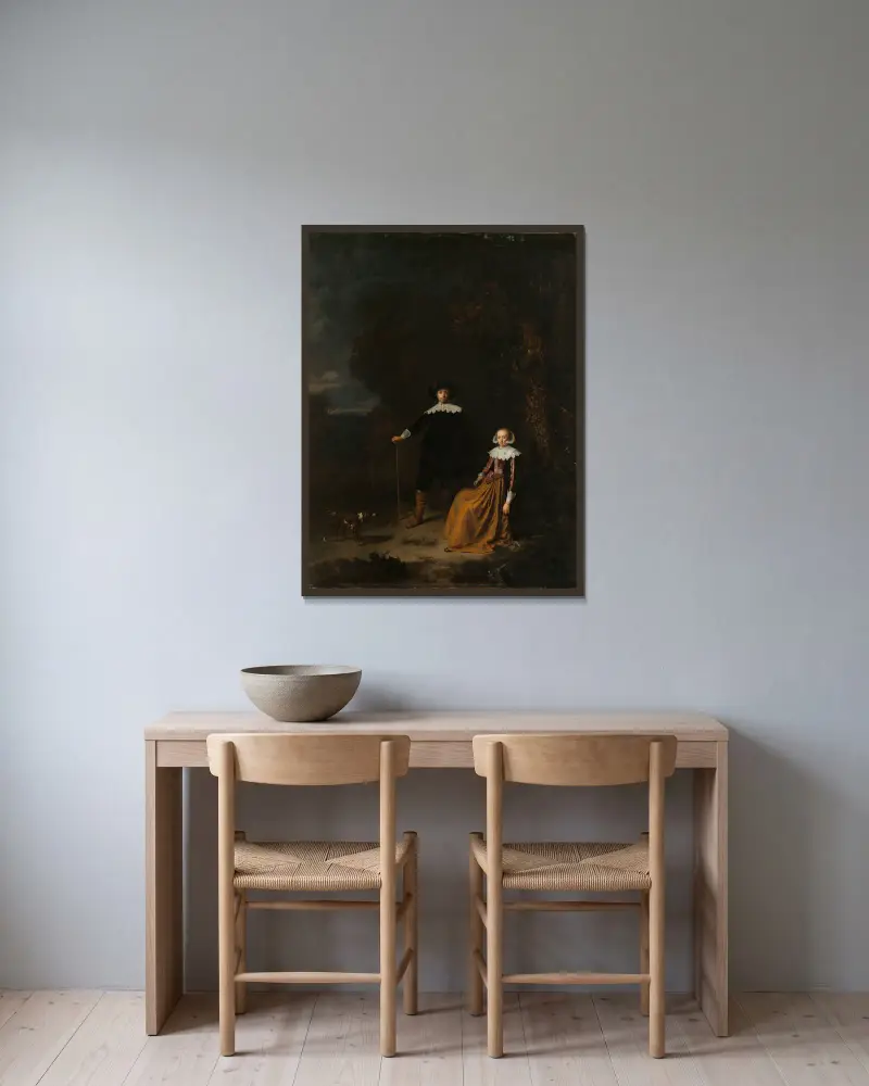 Porträtt av ett par i ett landskap av Gerrit Dou inramad på en vägg