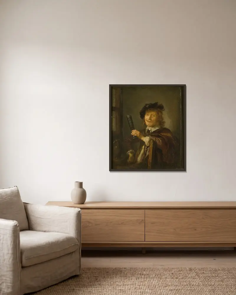 Porträtt av en man av Gerrit Dou inramad på en vägg