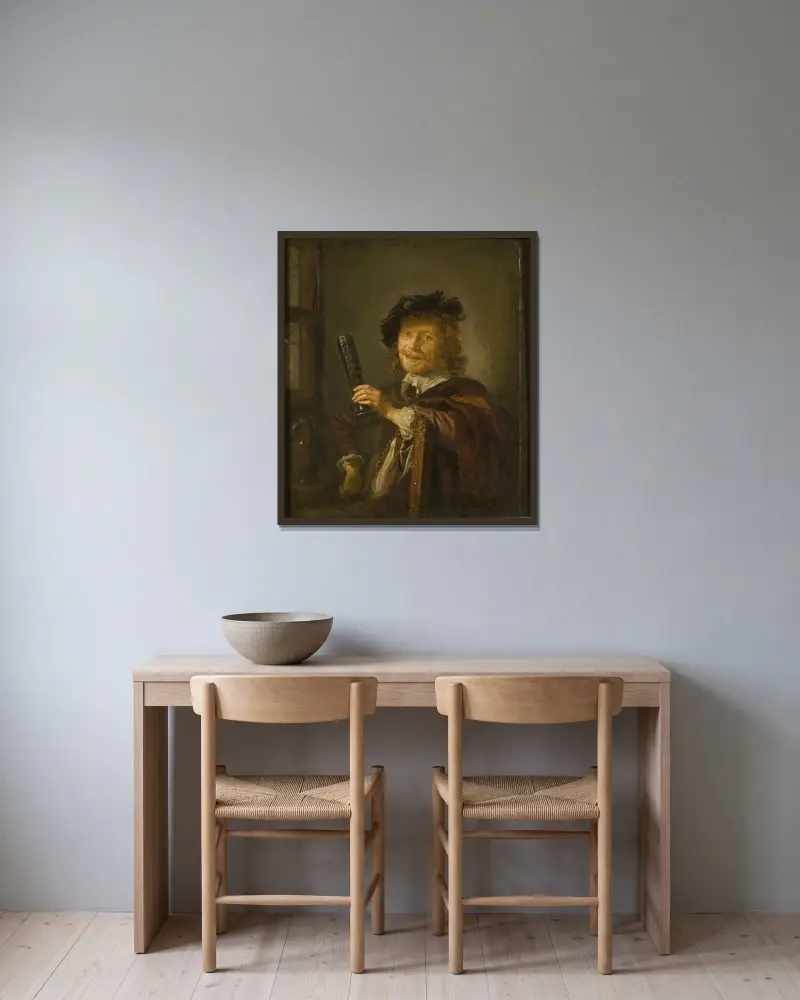 Porträtt av en man av Gerrit Dou inramad på en vägg