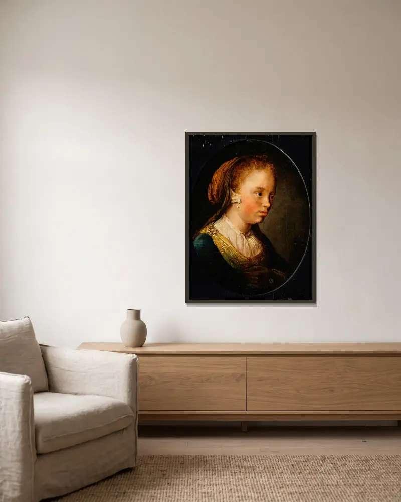 Porträtt av en ung flicka av Gerrit Dou inramad på en vägg