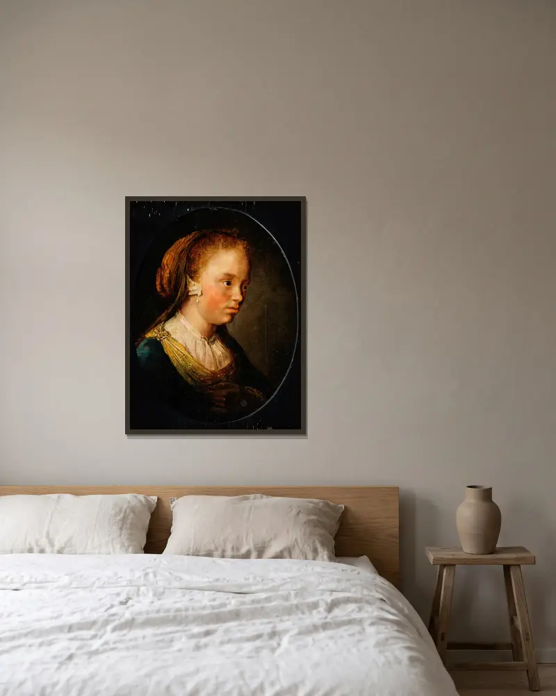 Porträtt av en ung flicka av Gerrit Dou inramad på en vägg