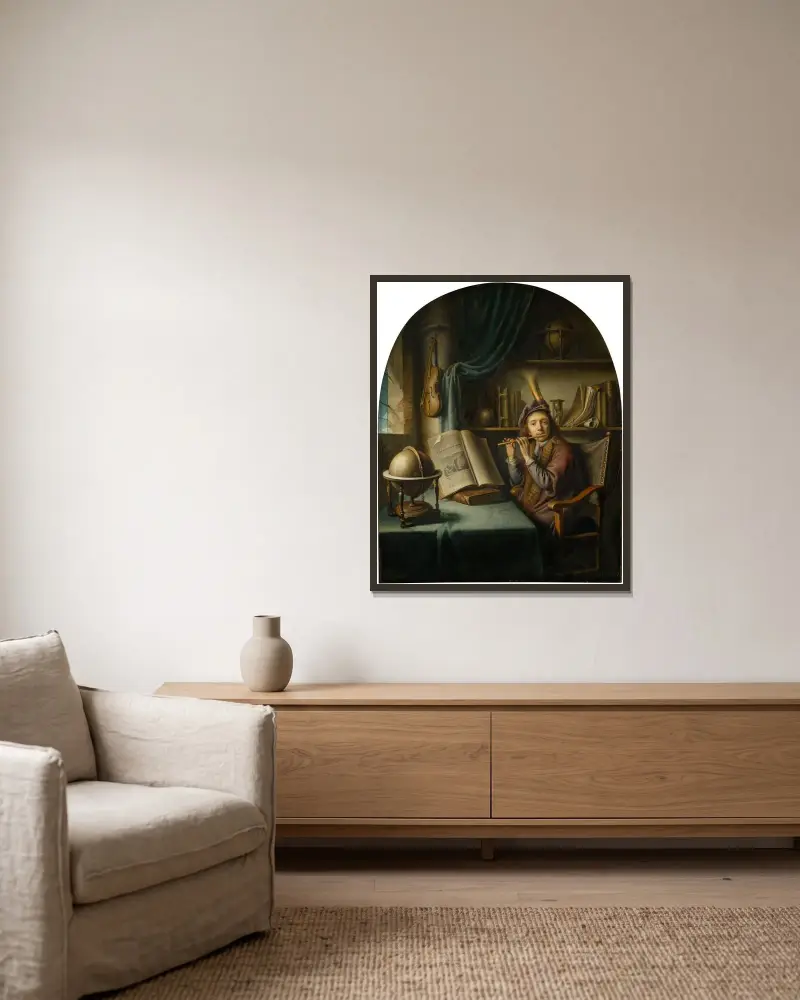 Flöjtspelaren av Gerrit Dou inramad på en vägg