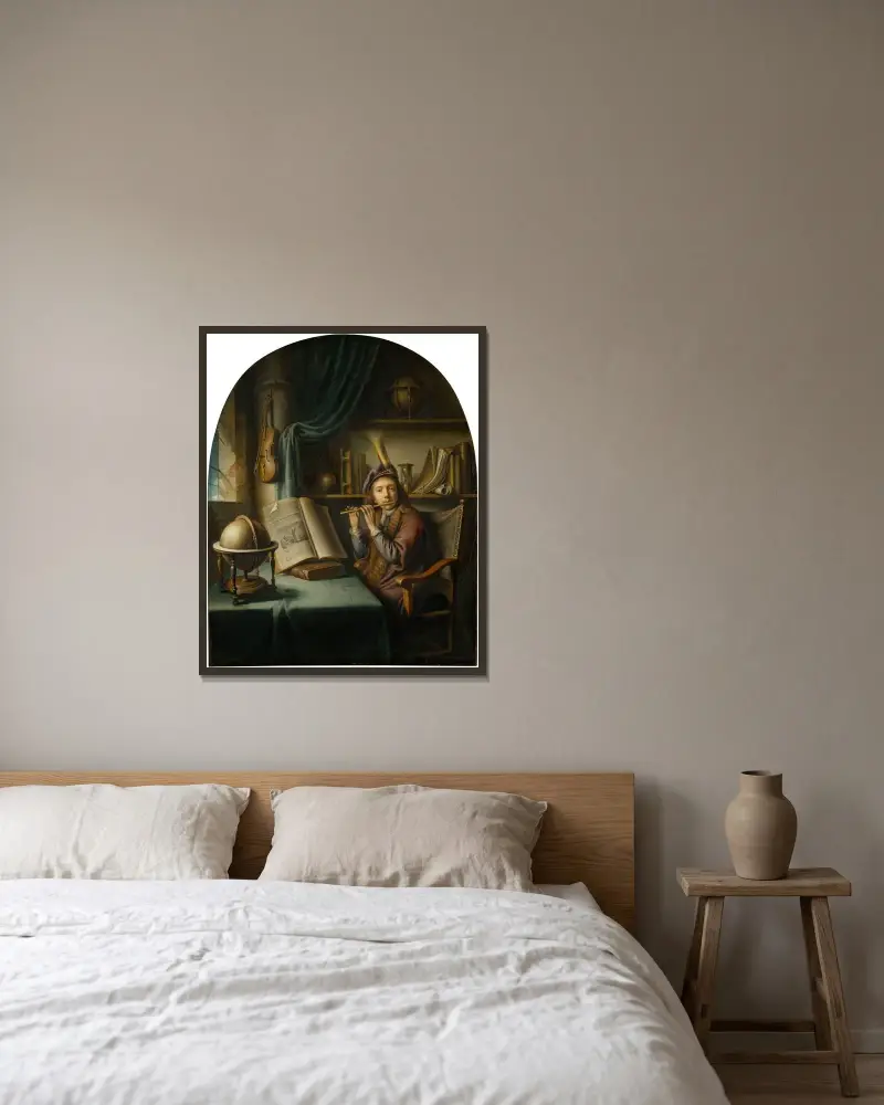 Flöjtspelaren av Gerrit Dou inramad på en vägg