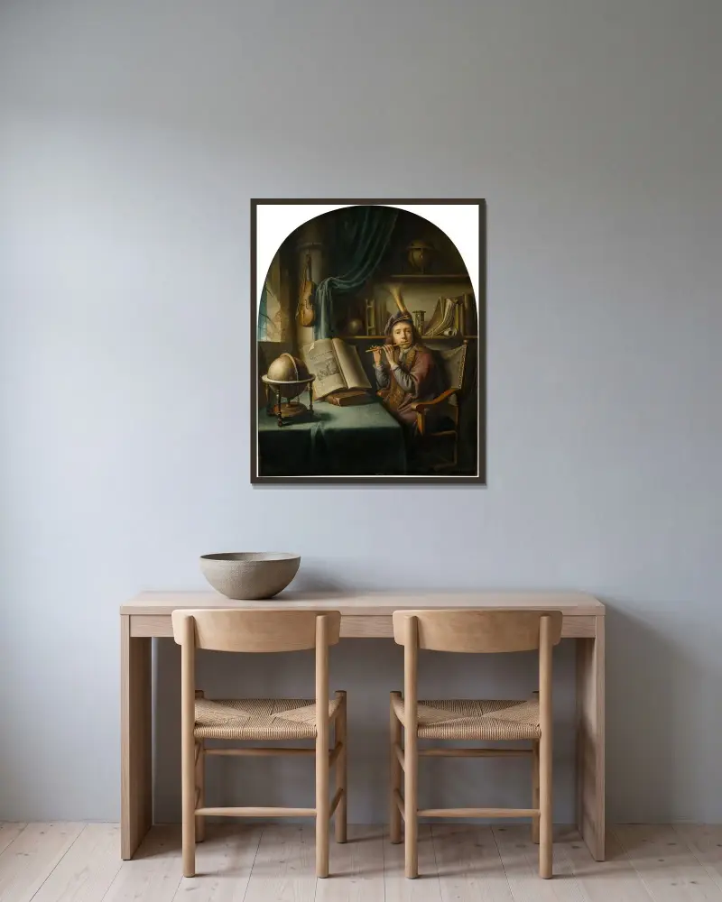 Flöjtspelaren av Gerrit Dou inramad på en vägg