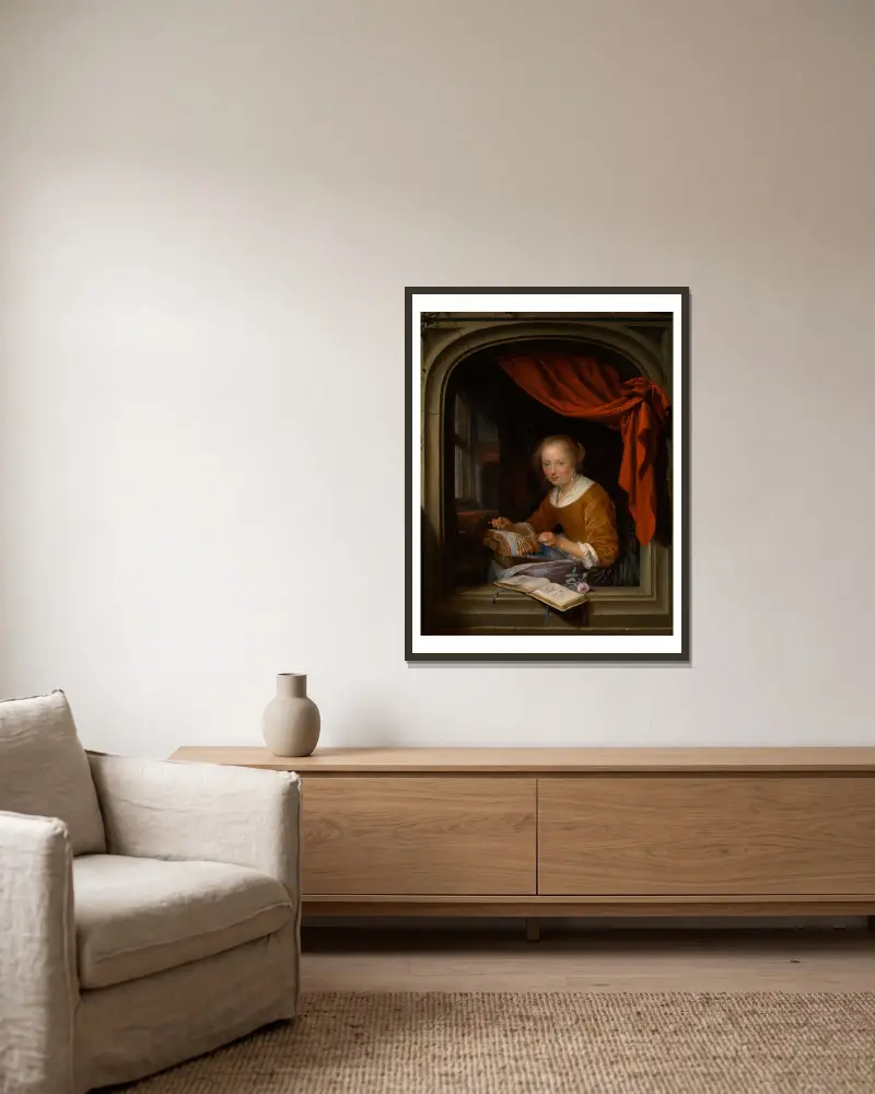 Krajkářka, Gerrit Dou v rámu na stěně
