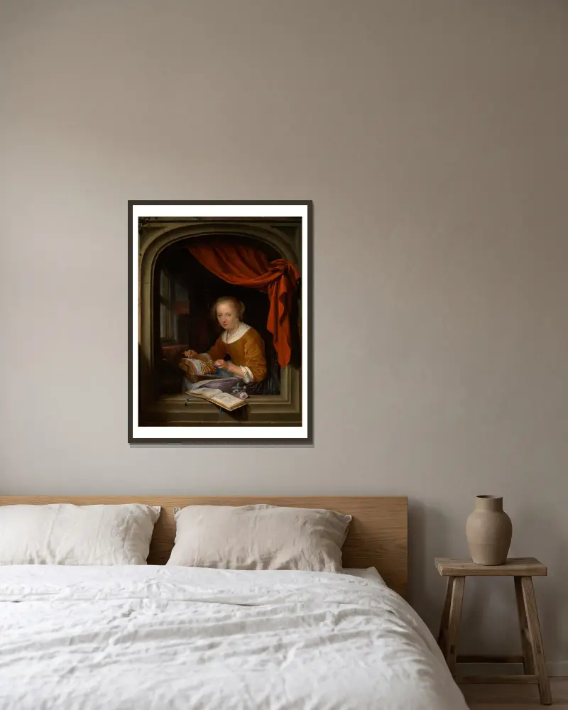 Krajkářka, Gerrit Dou v rámu na stěně