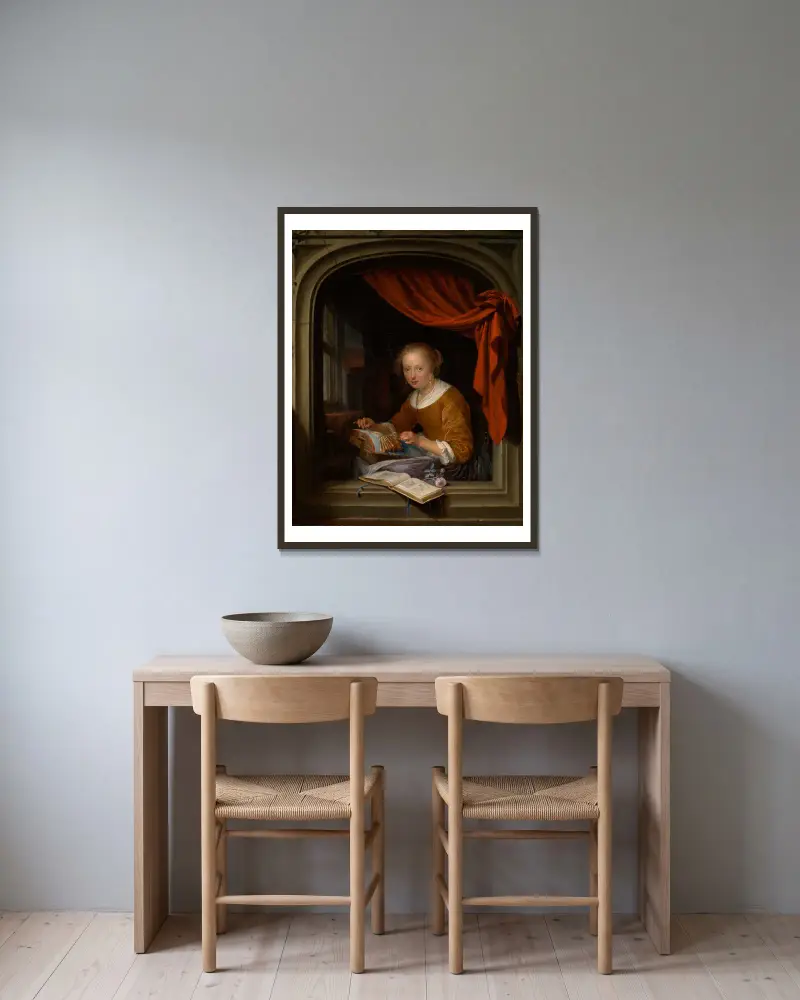 Krajkářka, Gerrit Dou v rámu na stěně