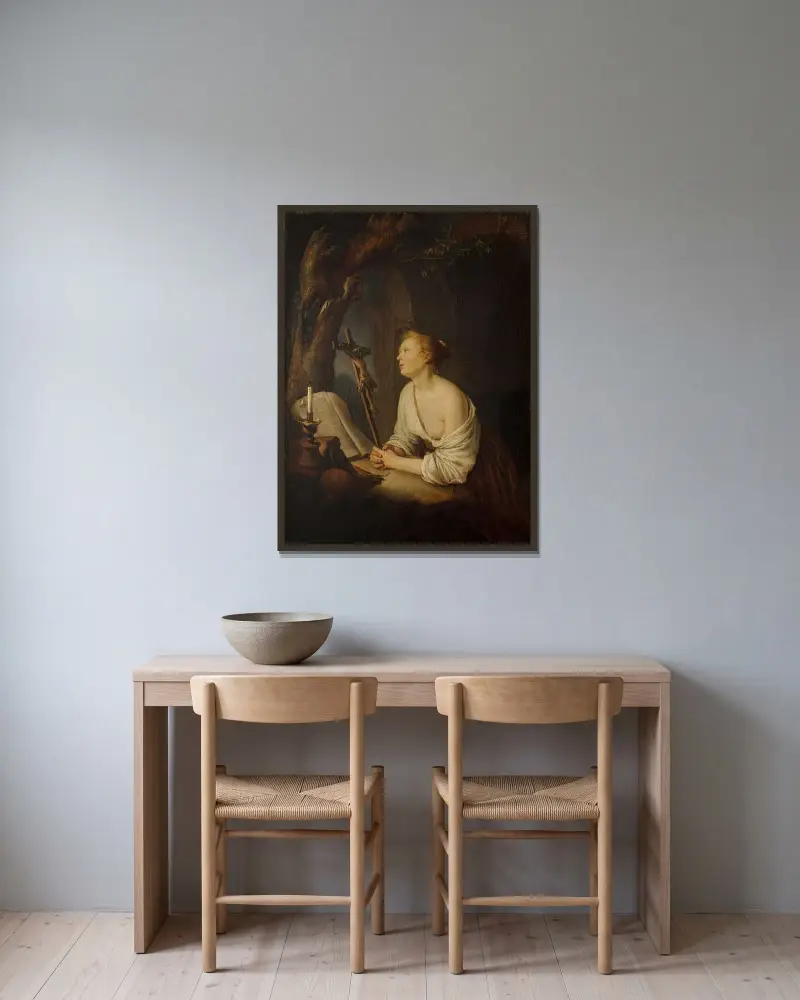 Den botfärdiga Magdalena av Gerrit Dou inramad på en vägg
