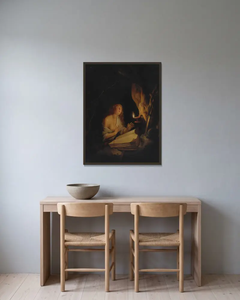The Penitent Magdalene By Candlelight av Gerrit Dou inramad på en vägg