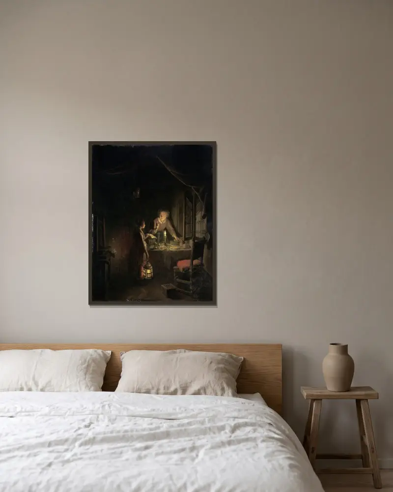 Kvinna dukar av kvällsbordet av Gerrit Dou inramad på en vägg