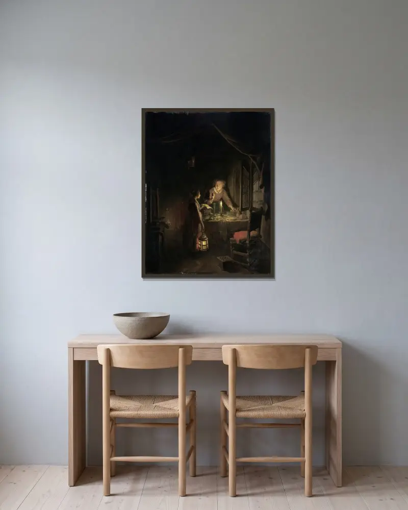 Kvinna dukar av kvällsbordet av Gerrit Dou inramad på en vägg