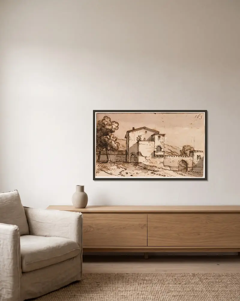 Italian Landscape av Giacomo Quarenghi inramad på en vägg