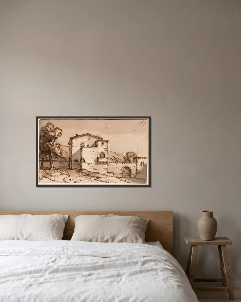 Italian Landscape av Giacomo Quarenghi inramad på en vägg