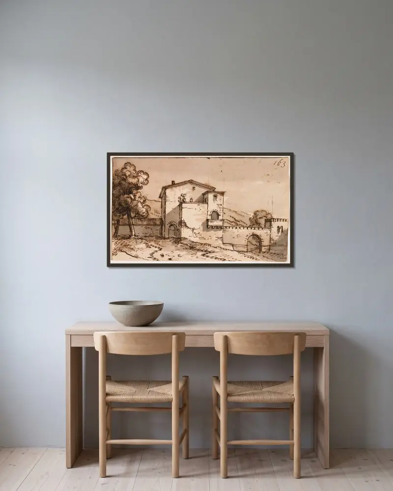 Italian Landscape av Giacomo Quarenghi inramad på en vägg