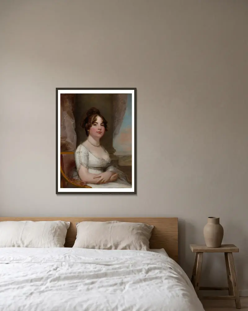 Elizabeth Beltzhoover Mason (c. 1803–5) av Gilbert Stuart inramad på en vägg