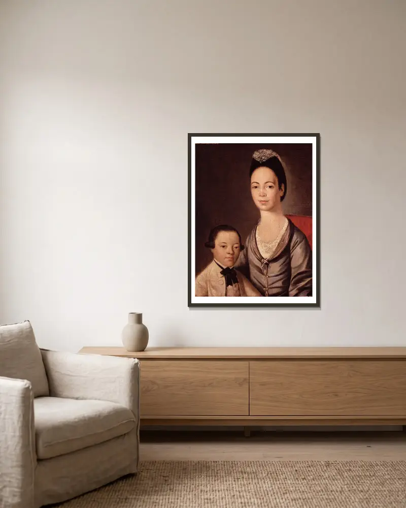 Mrs. Aaron Lopez and Her Son Joshua av Gilbert Stuart inramad på en vägg