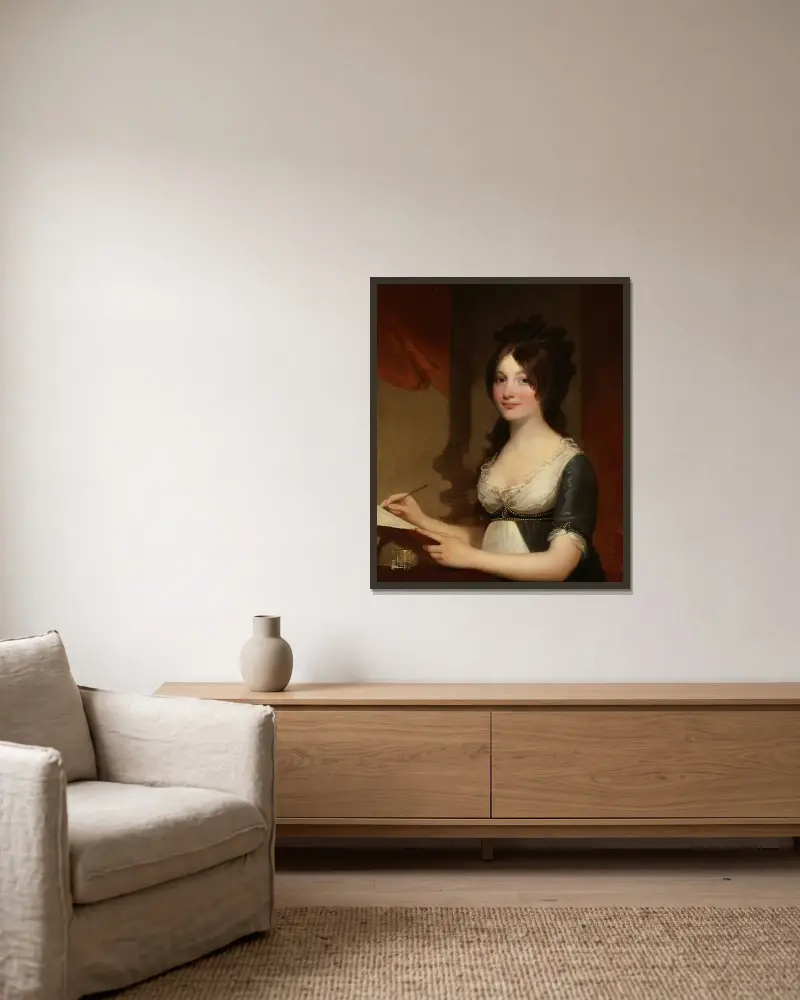 Porträtt av en ung kvinna av Gilbert Stuart inramad på en vägg