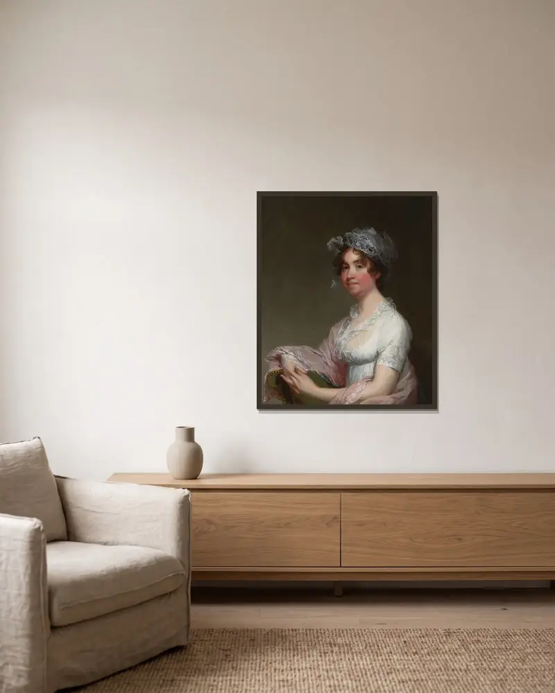 Porträtt av Mrs. Jonathan Mason av Gilbert Stuart inramad på en vägg