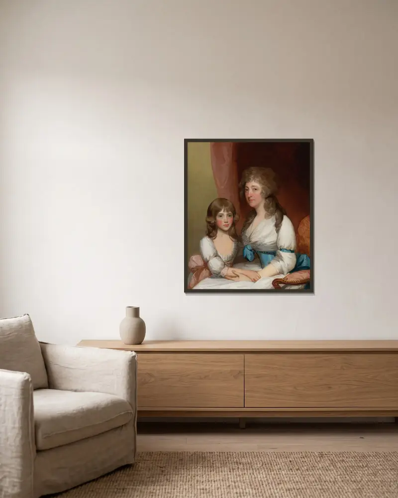 Porträtt av Mrs. Samuel Dick och hennes dotter av Gilbert Stuart inramad på en vägg