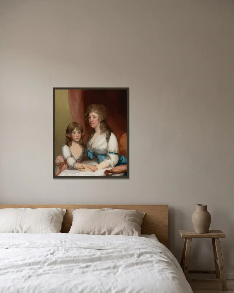 Porträtt av Mrs. Samuel Dick och hennes dotter av Gilbert Stuart inramad på en vägg