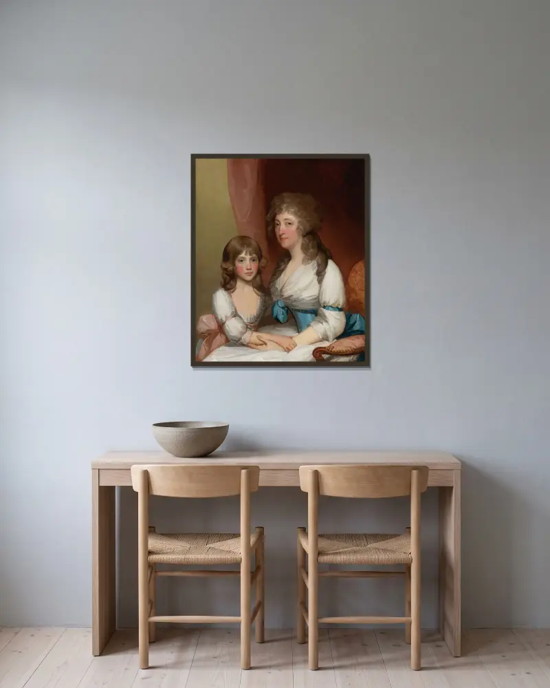 Porträtt av Mrs. Samuel Dick och hennes dotter av Gilbert Stuart inramad på en vägg