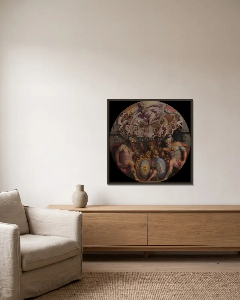 Allegories of the Quarters of San Giovanni and Santa Maria Novella av Giorgio Vasari inramad på en vägg