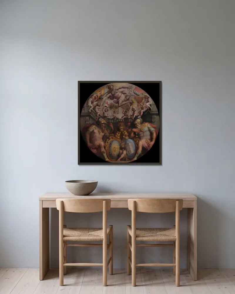 Allegories of the Quarters of San Giovanni and Santa Maria Novella av Giorgio Vasari inramad på en vägg