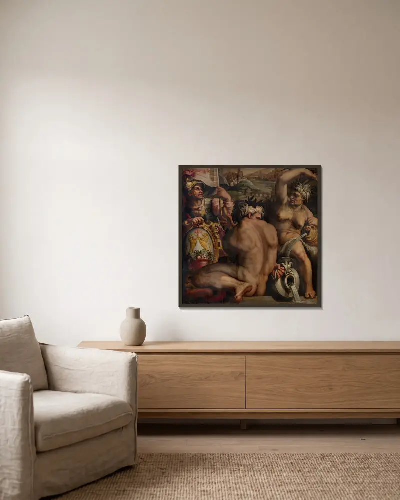 Allegory of Casentino av Giorgio Vasari inramad på en vägg
