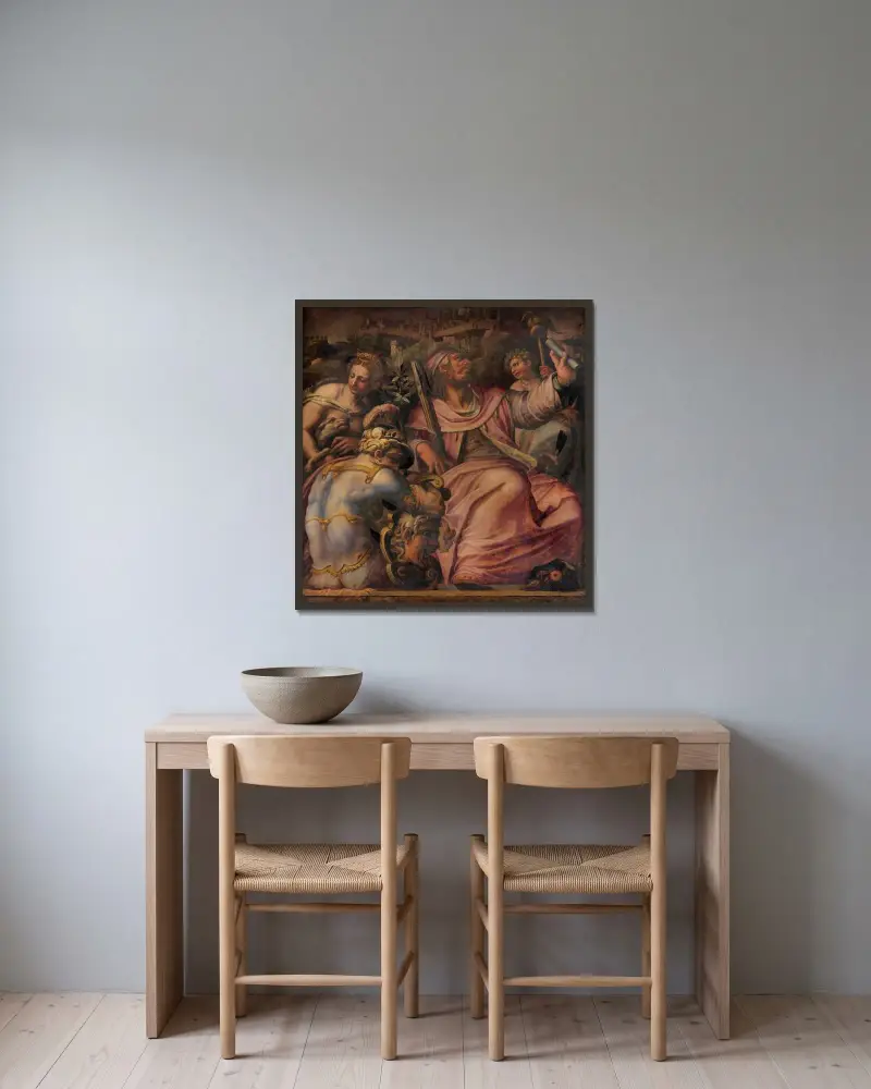 Allegory of Certaldo av Giorgio Vasari inramad på en vägg