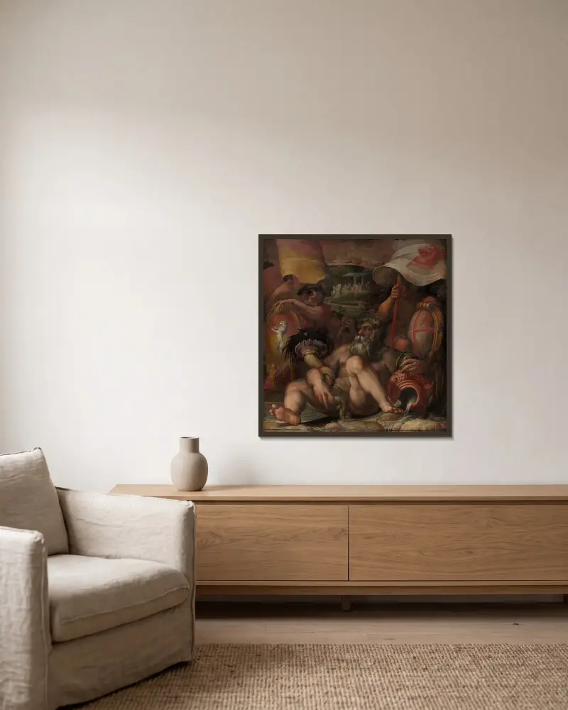 Allegori över Colle val d'Elsa och San Gimignano av Giorgio Vasari inramad på en vägg