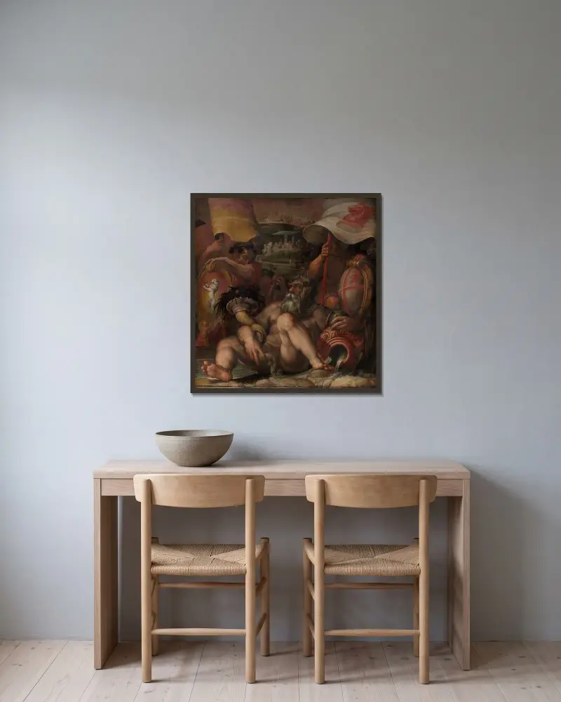 Allegori över Colle val d'Elsa och San Gimignano av Giorgio Vasari inramad på en vägg