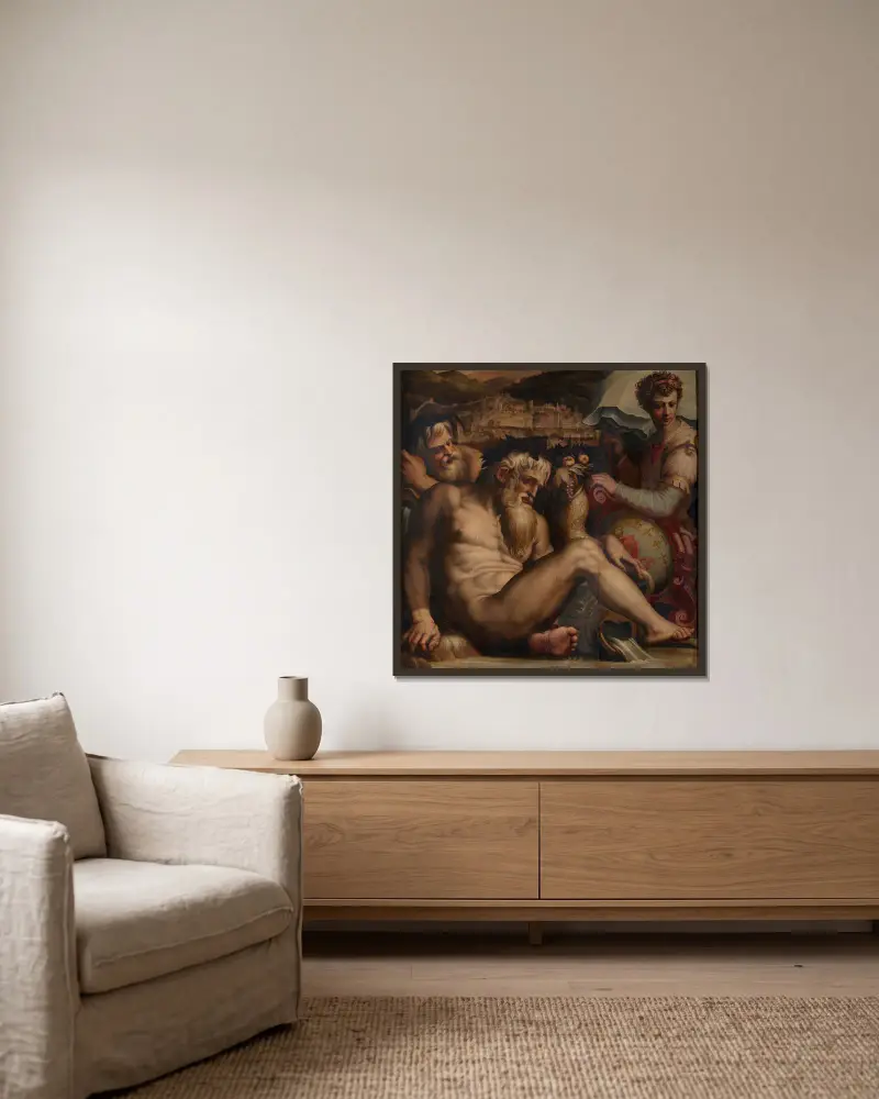 Allegory of Pescia av Giorgio Vasari inramad på en vägg