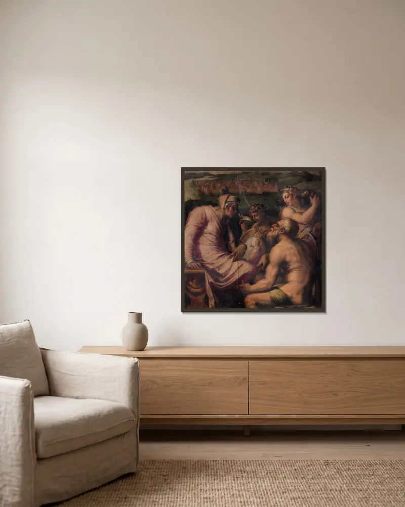 Allegory of San Giovanni Valdarno av Giorgio Vasari inramad på en vägg