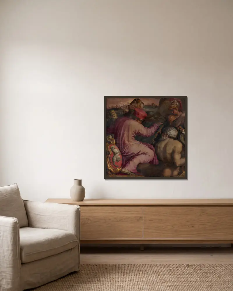 Allegory of San Miniato in lower Valdarno av Giorgio Vasari inramad på en vägg