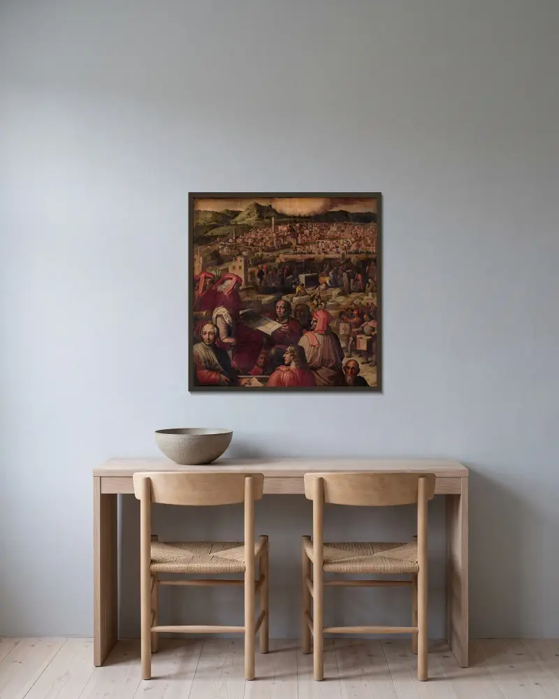 Arnolfo visar planen för att utvidga Florens av Giorgio Vasari inramad på en vägg