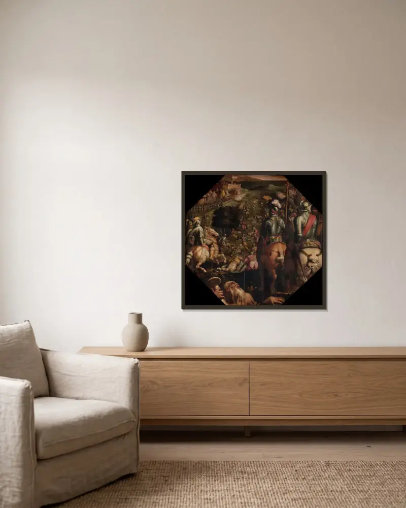Slaget vid Marciano i Val di Chiana av Giorgio Vasari inramad på en vägg