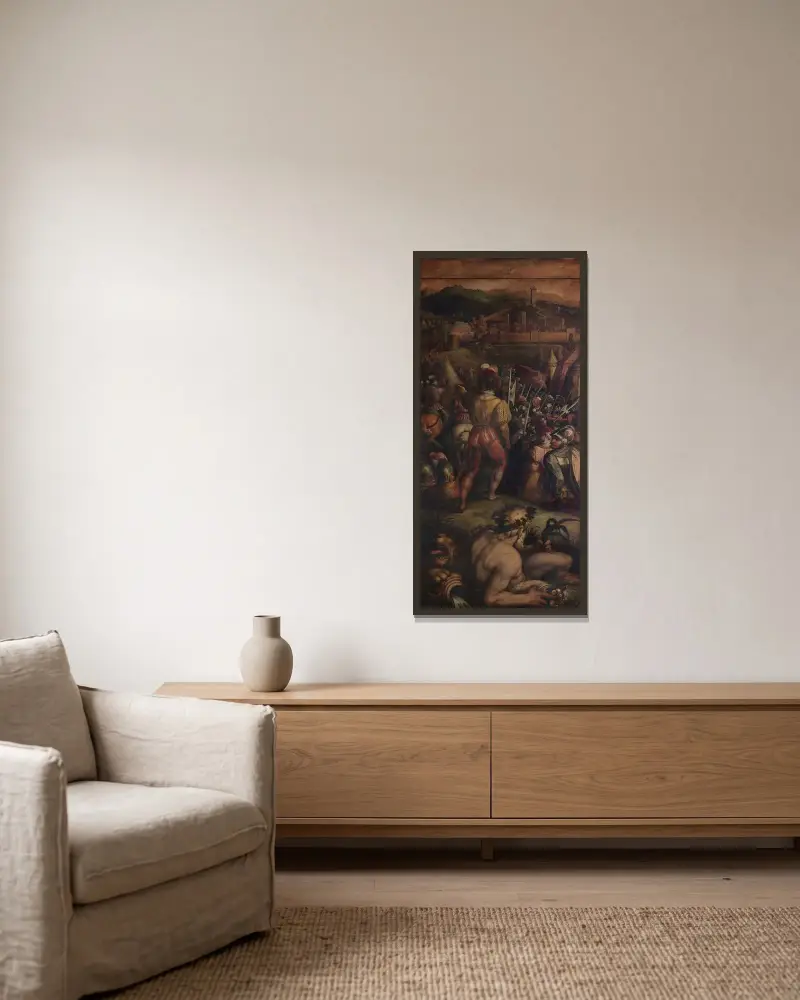 Erövringen av Vicopisano av Giorgio Vasari inramad på en vägg