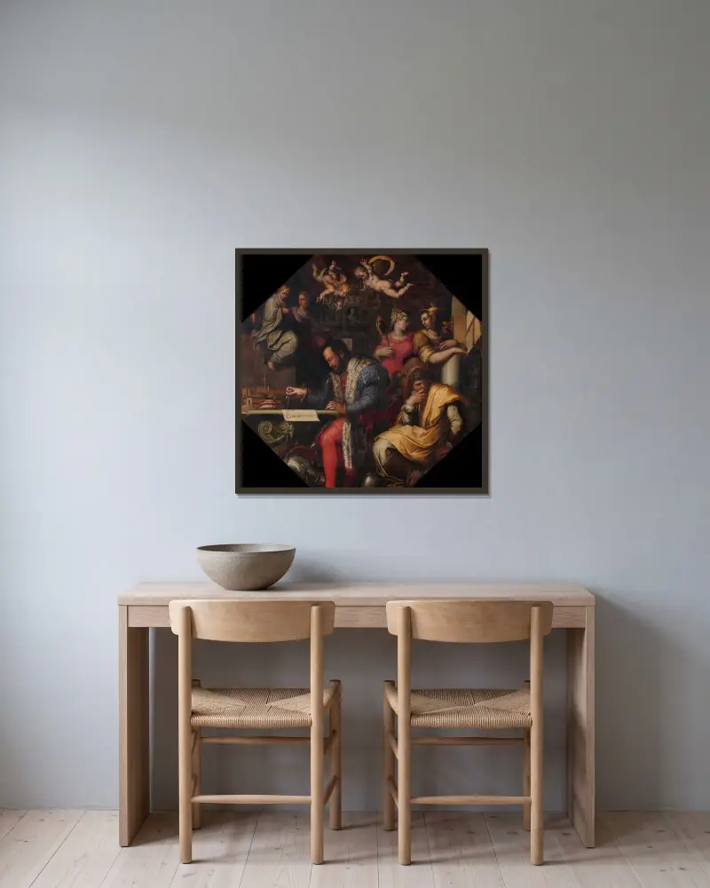 Cosimo studerar intagandet av Siena av Giorgio Vasari inramad på en vägg