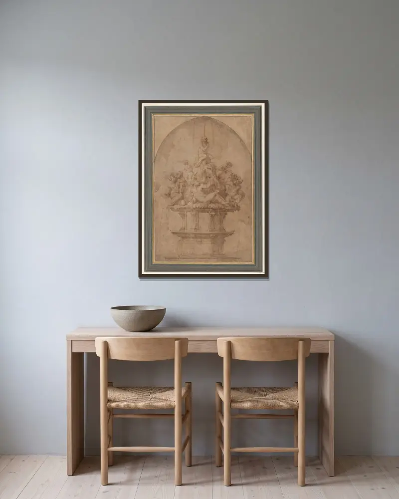 Design för en fontän med flodgudar och nymfer av Giorgio Vasari inramad på en vägg