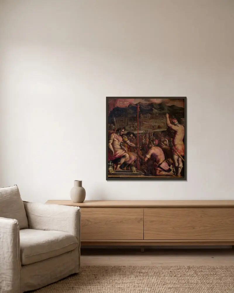 Grundandet av Florentia, en romersk bosättning av Giorgio Vasari inramad på en vägg