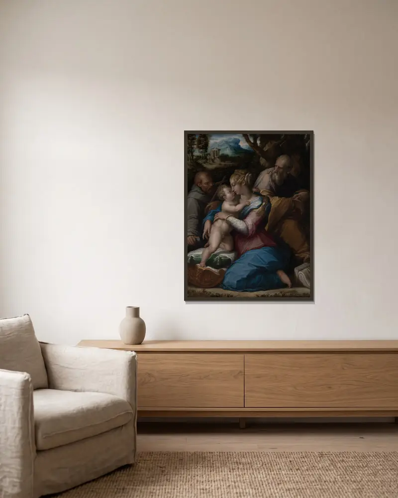 Holy Family with Saint Francis av Giorgio Vasari inramad på en vägg